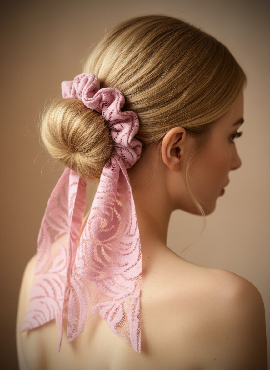 Handgefertigtes Duo: Scrunchie & Schleifen-Scrunchie -  Rosa Spitze