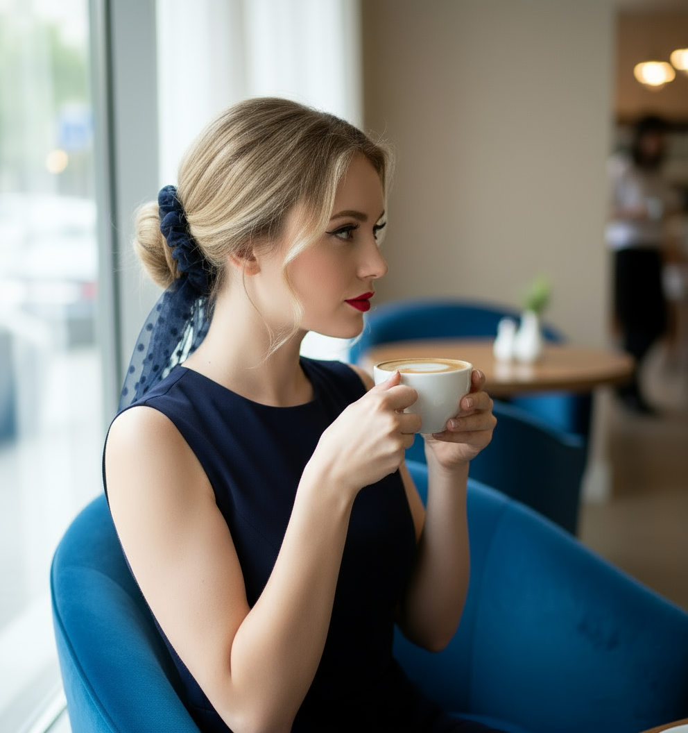 Schleifen-Scrunchie Dunkelblau Soft-Tüll mit Pünktchen