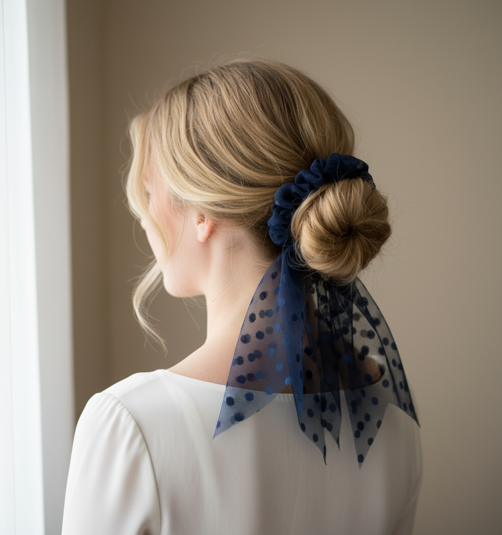 Schleifen-Scrunchie Dunkelblau Soft-Tüll mit Pünktchen