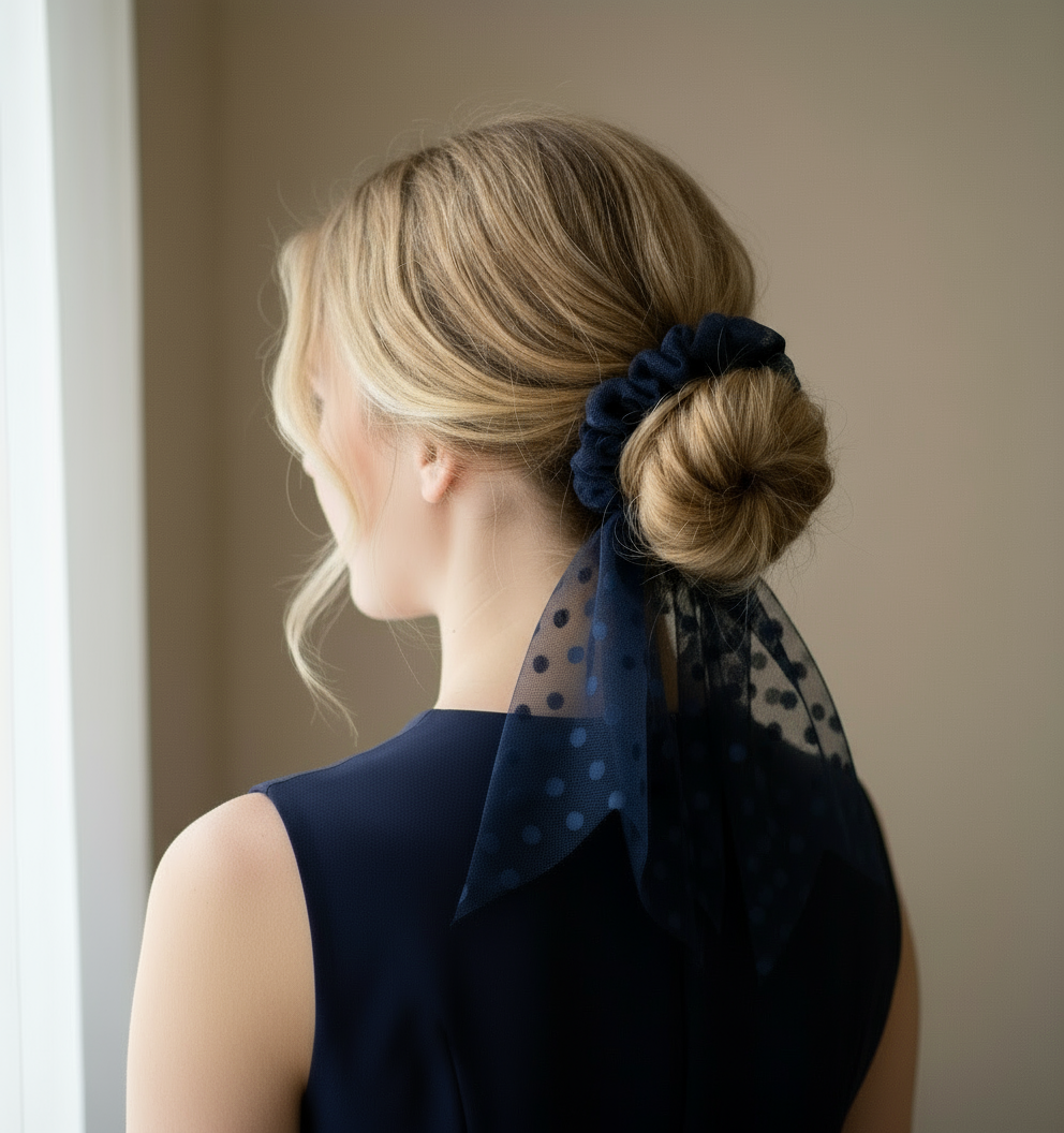 Schleifen-Scrunchie Dunkelblau Soft-Tüll mit Pünktchen