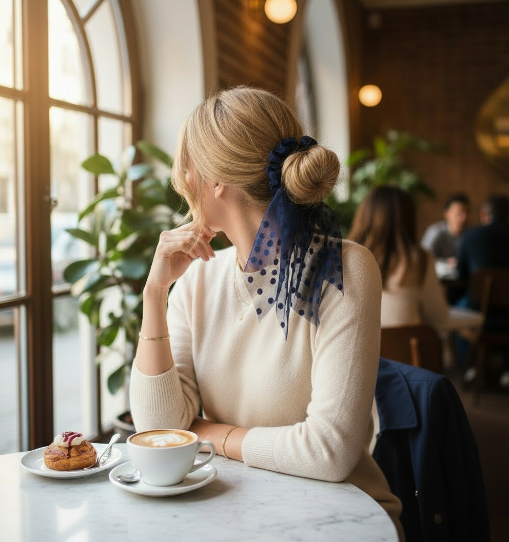 Schleifen-Scrunchie Dunkelblau Soft-Tüll mit Pünktchen
