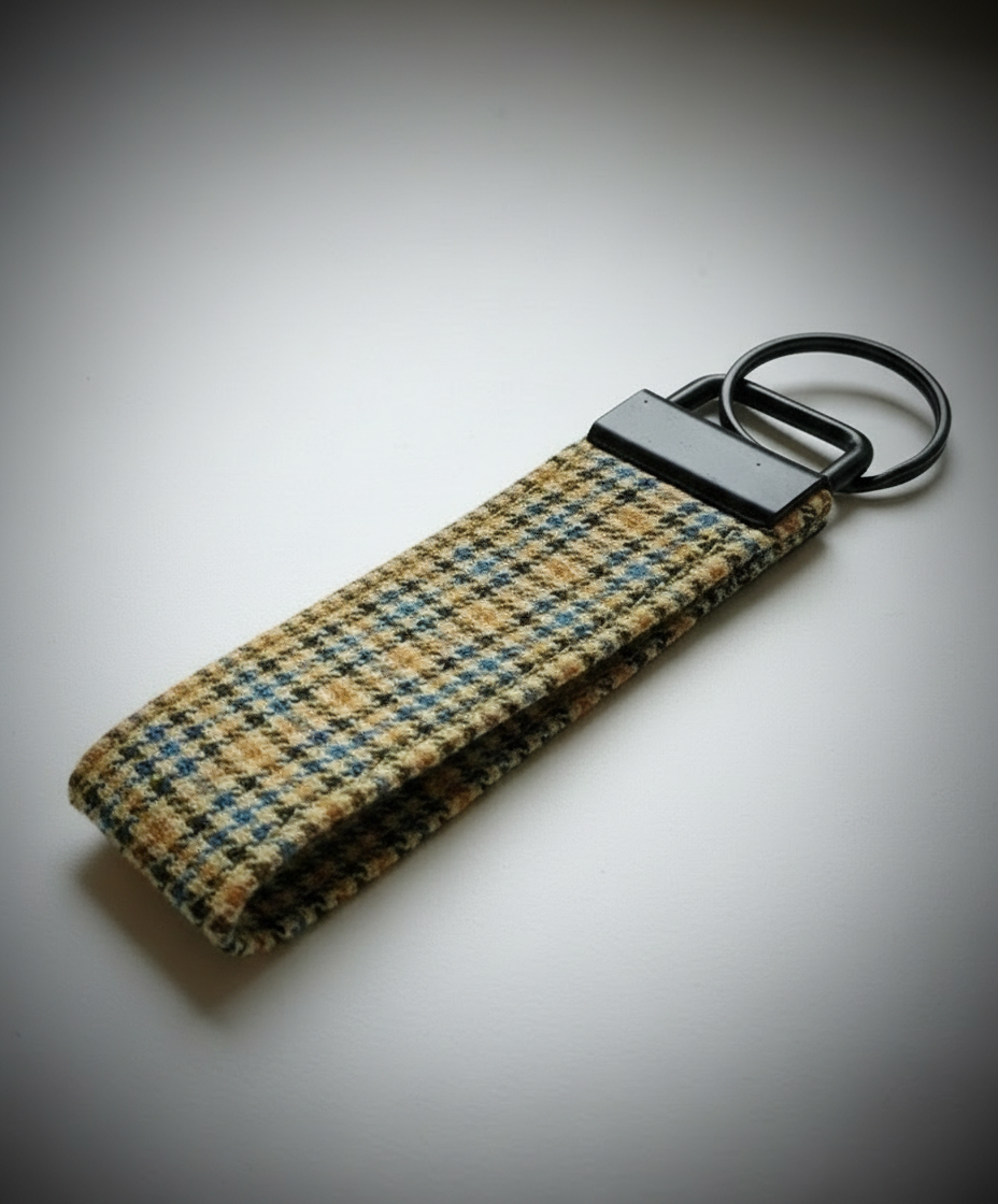 Schlüsselband Beige kariert Wollstoff