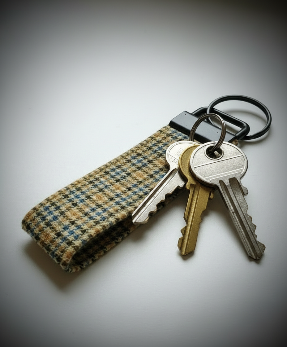 Schlüsselband Beige kariert Wollstoff