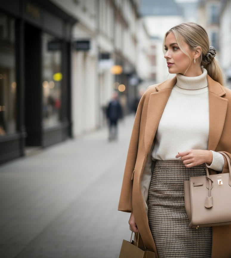 Scrunchie Beige kariert Wollstoff