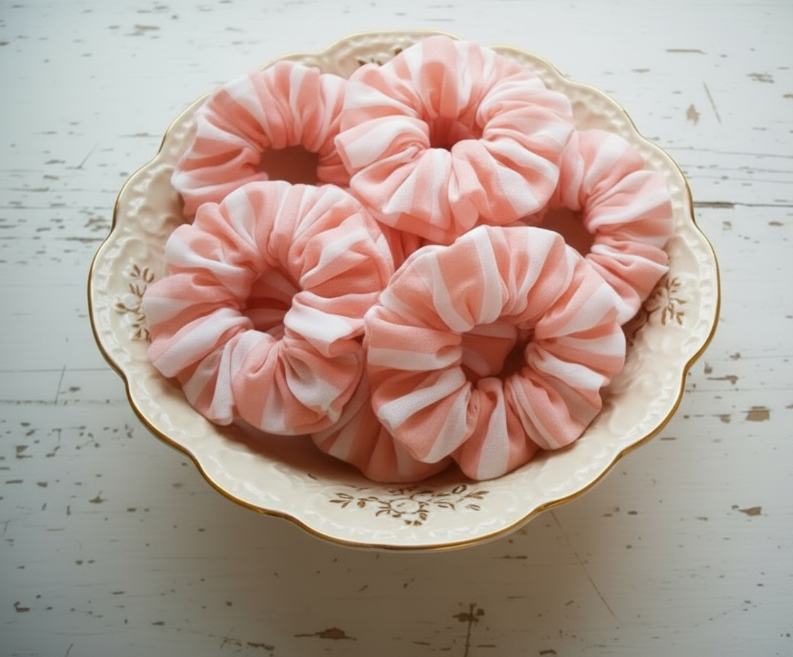 Scrunchie, Rosa Weiß gestreift, Baumwoll-Voile