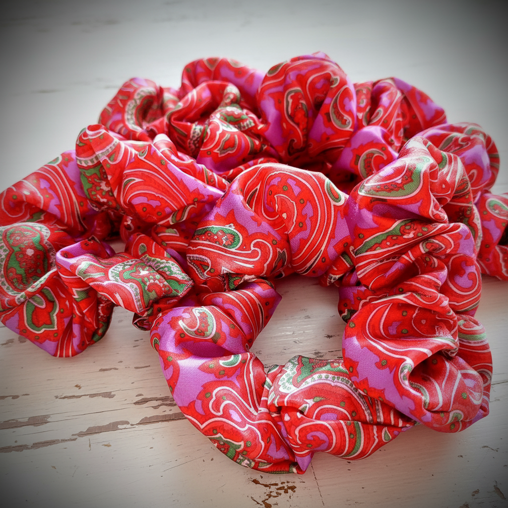 Scrunchie Hot Pink / Rot / Grün gemustert Satin