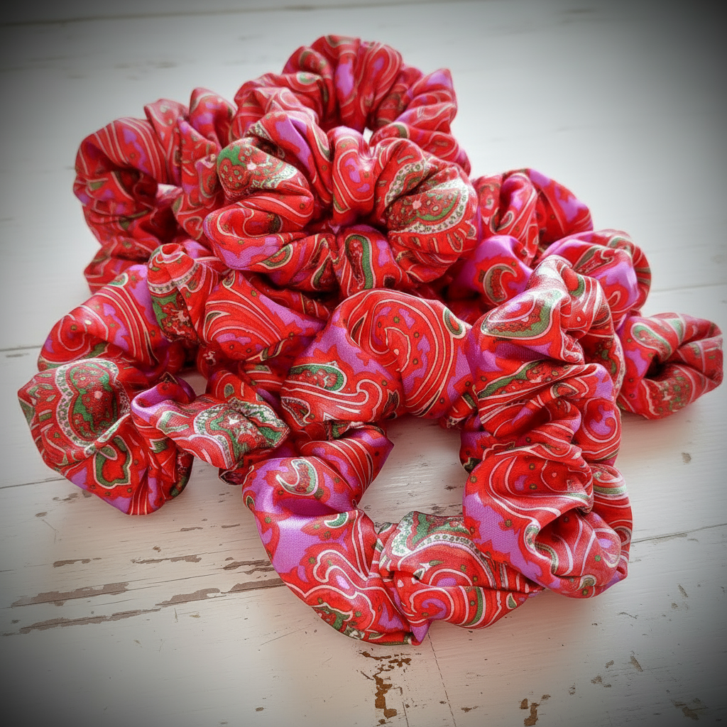 Scrunchie Hot Pink / Rot / Grün gemustert Satin