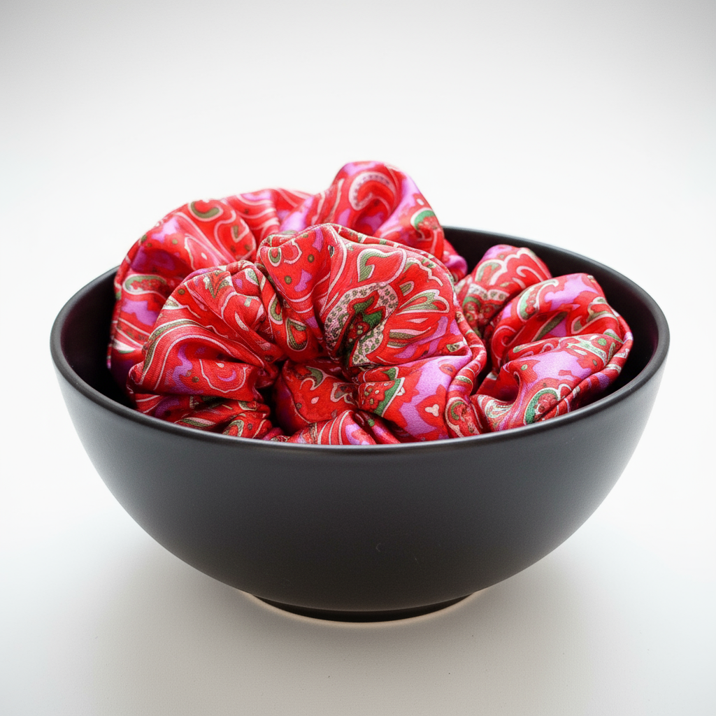 Scrunchie Hot Pink / Rot / Grün gemustert Satin