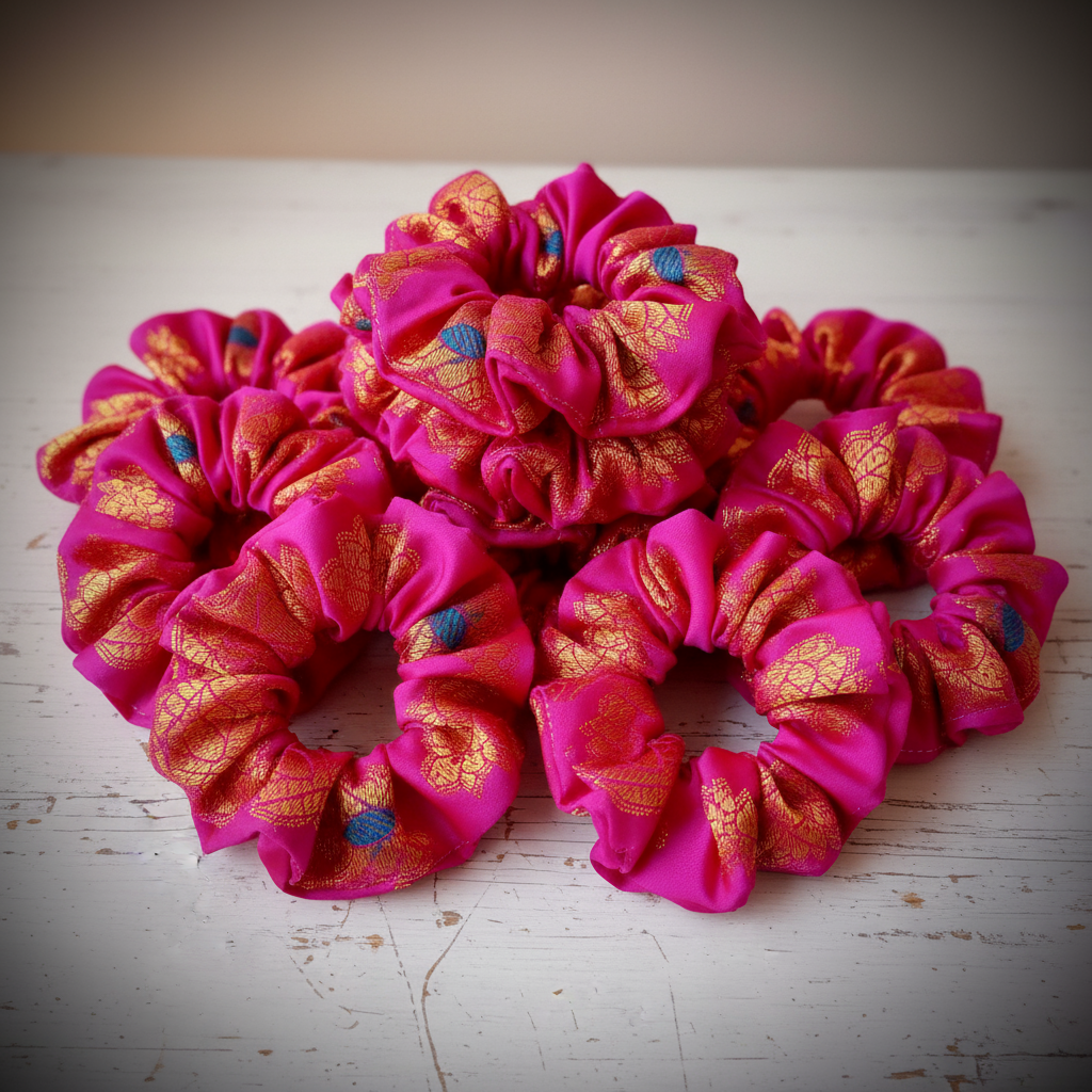 Scrunchie Hot Pink & Gold Sari-Stoff