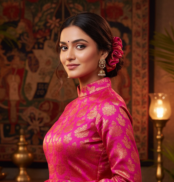 Scrunchie Hot Pink & Gold Sari-Stoff