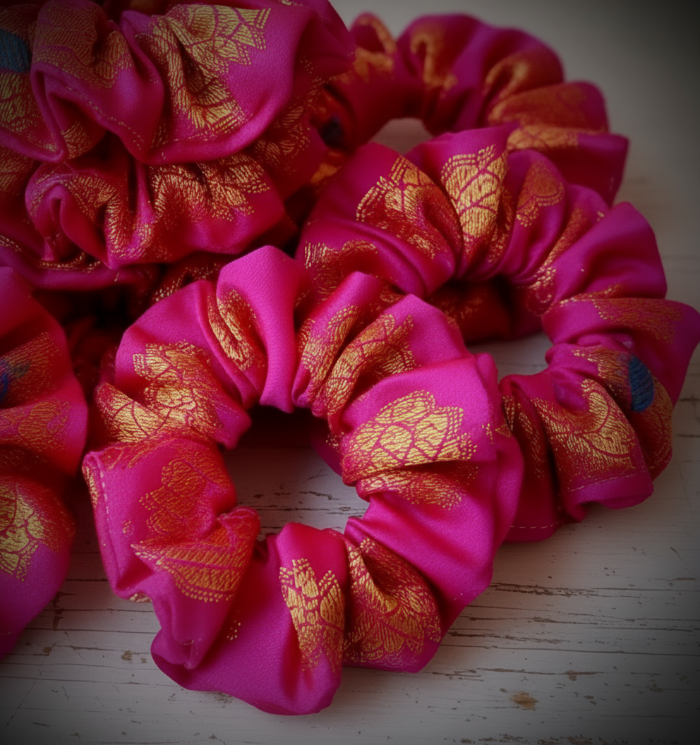 Scrunchie Hot Pink & Gold Sari-Stoff