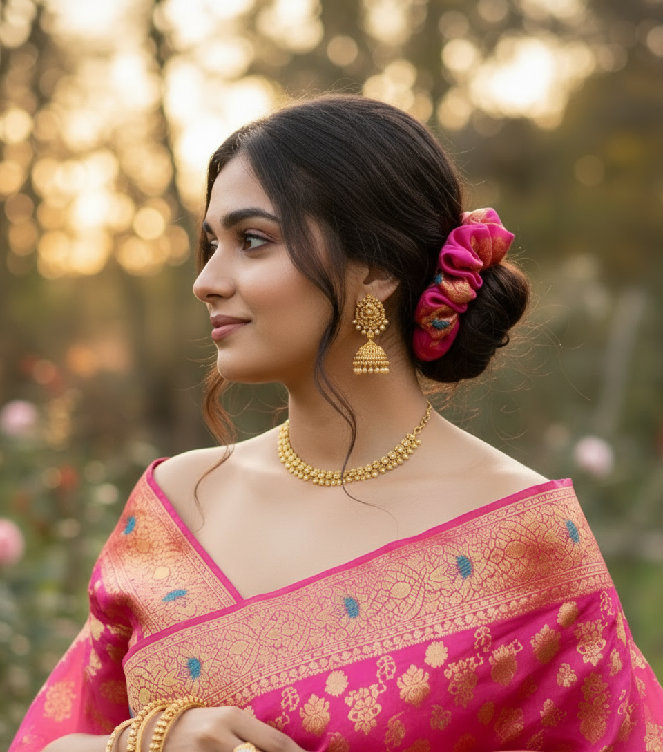 Scrunchie Hot Pink & Gold Sari-Stoff