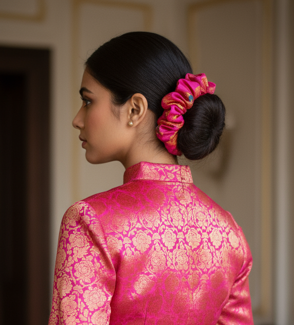 Scrunchie Hot Pink & Gold Sari-Stoff
