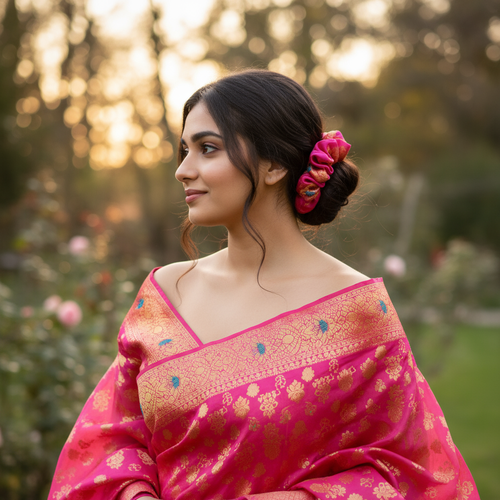 Scrunchie Hot Pink & Gold Sari-Stoff