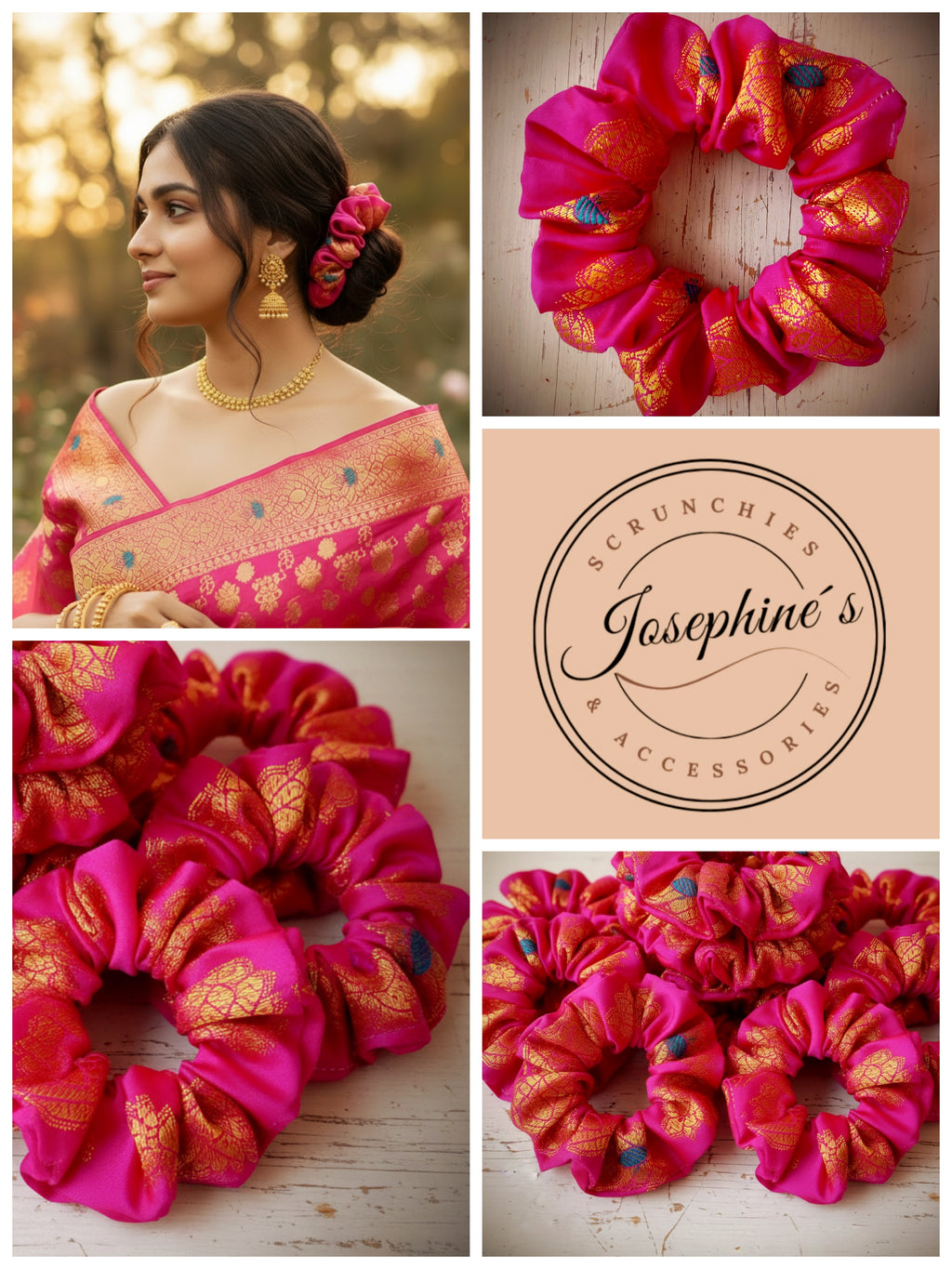 Scrunchie Hot Pink & Gold Sari-Stoff