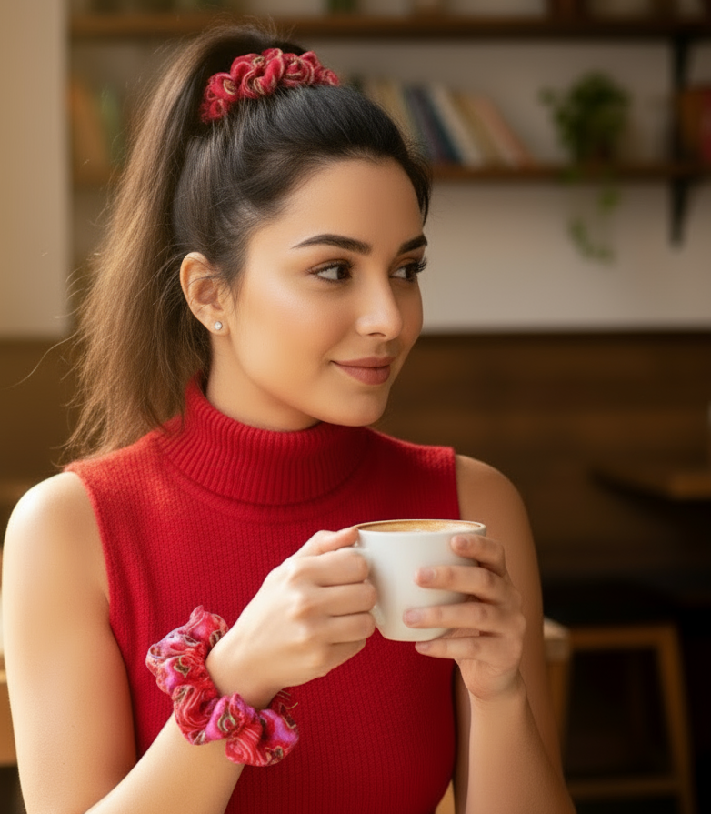 Scrunchie Hot Pink / Rot / Grün gemustert Satin