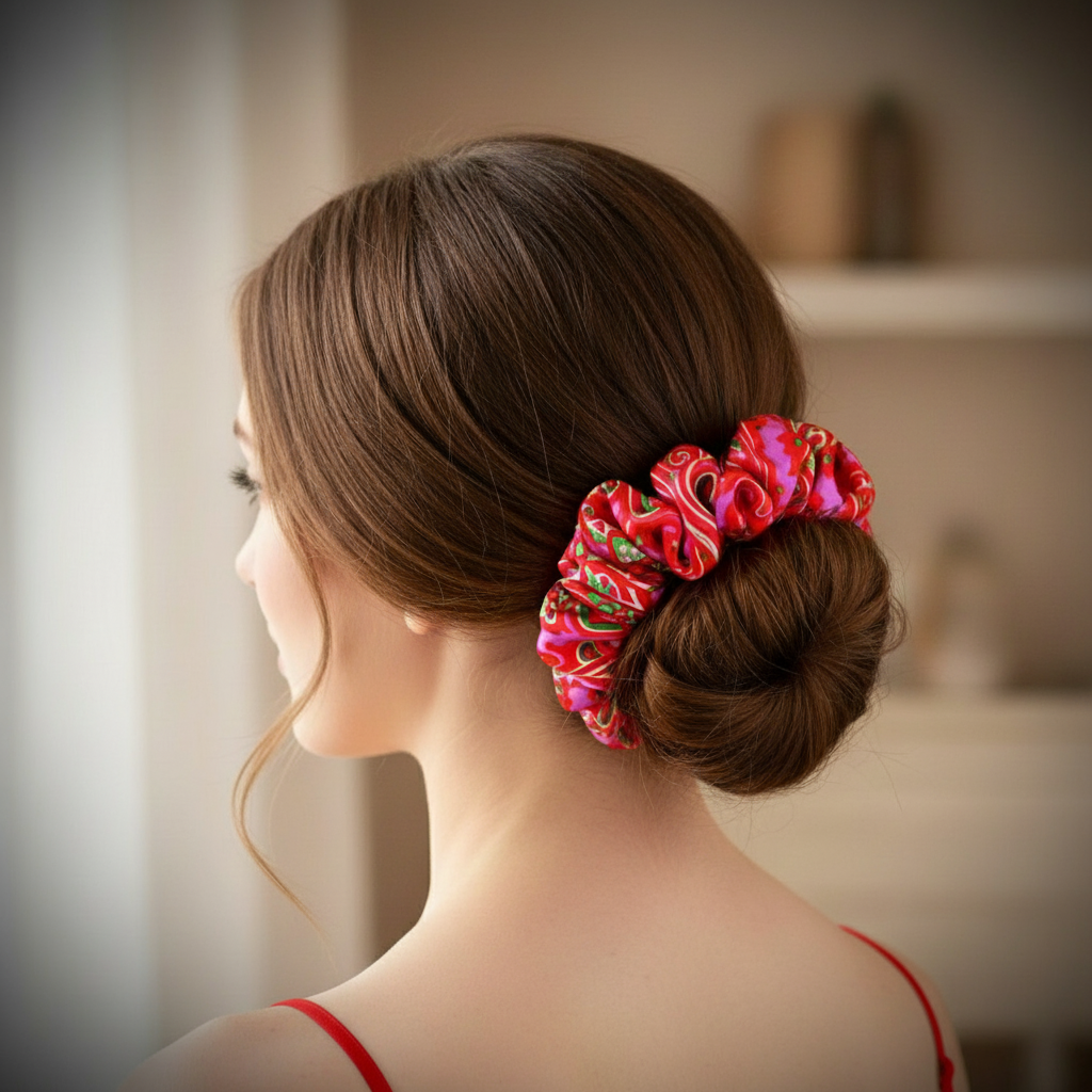 Scrunchie Hot Pink / Rot / Grün gemustert Satin