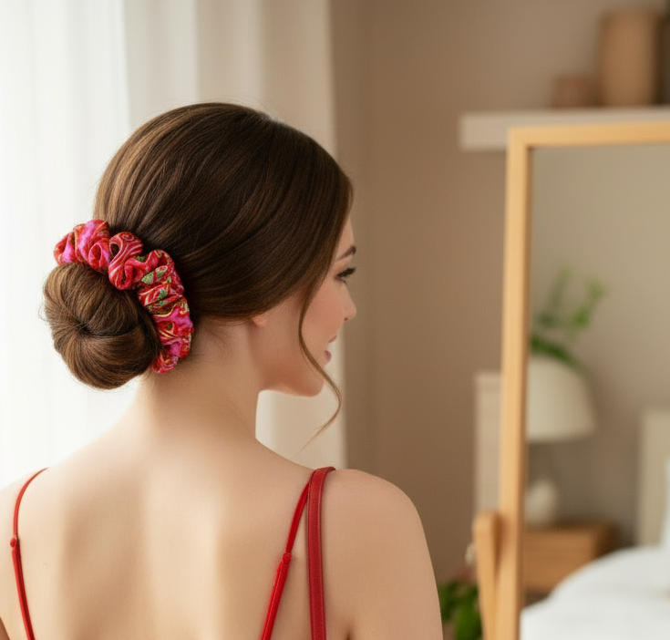 Scrunchie Hot Pink / Rot / Grün gemustert Satin