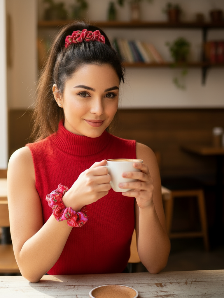 Scrunchie Hot Pink / Rot / Grün gemustert Satin
