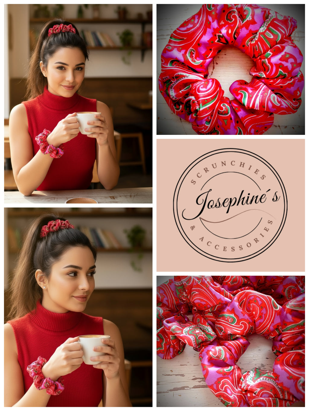 Scrunchie Hot Pink / Rot / Grün gemustert Satin