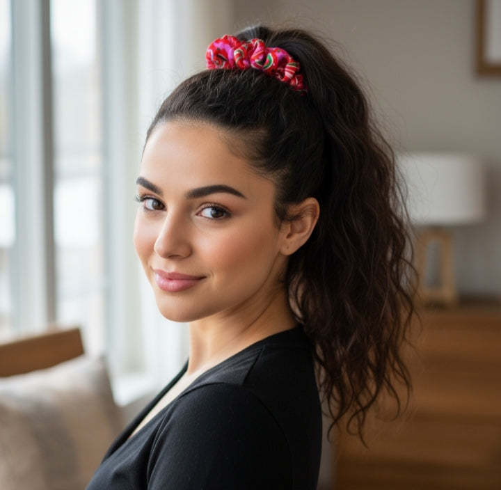 Scrunchie Hot Pink / Rot / Grün gemustert Satin