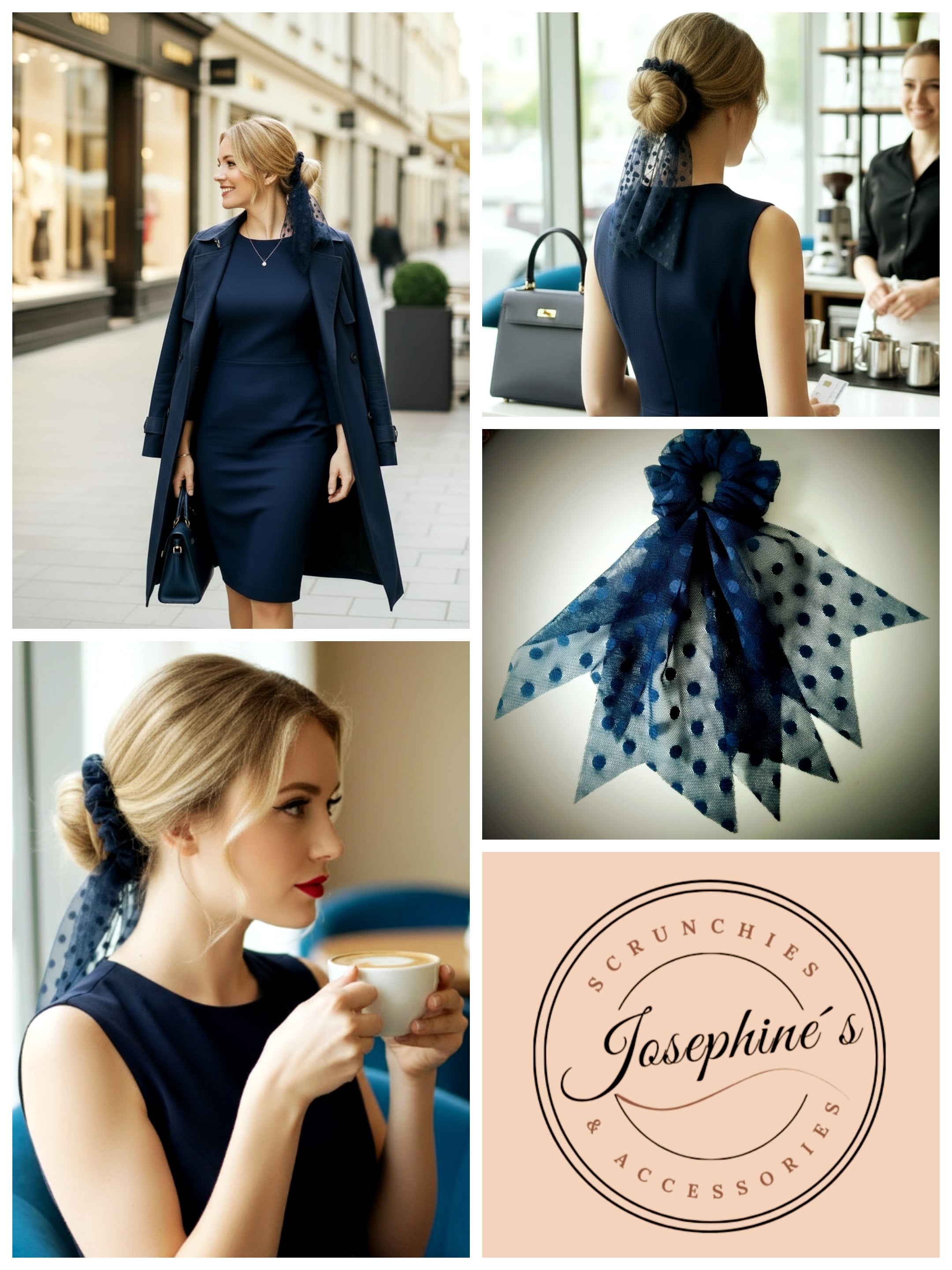 Schleifen-Scrunchie Dunkelblau Soft-Tüll mit Pünktchen