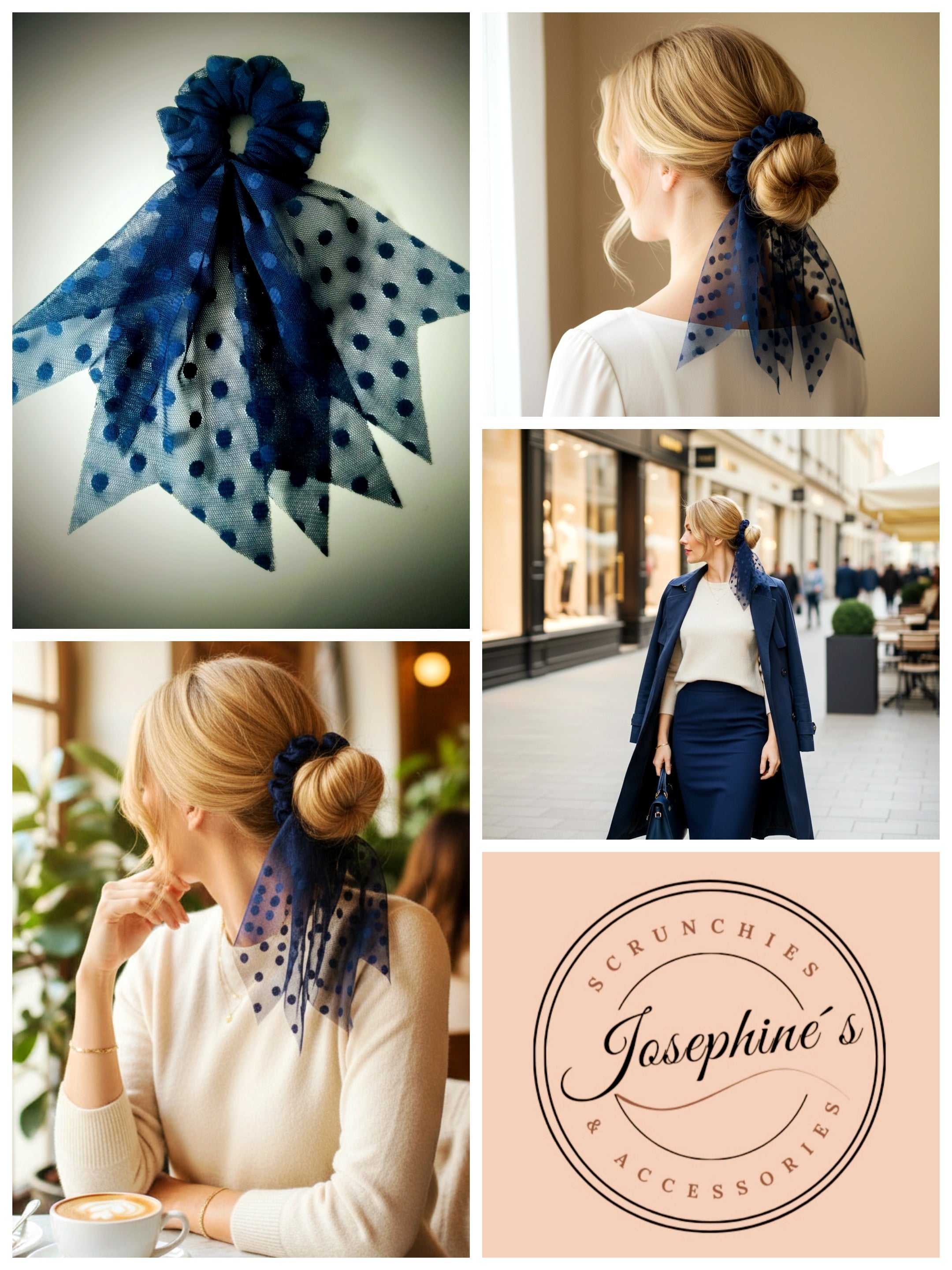 Schleifen-Scrunchie Dunkelblau Soft-Tüll mit Pünktchen