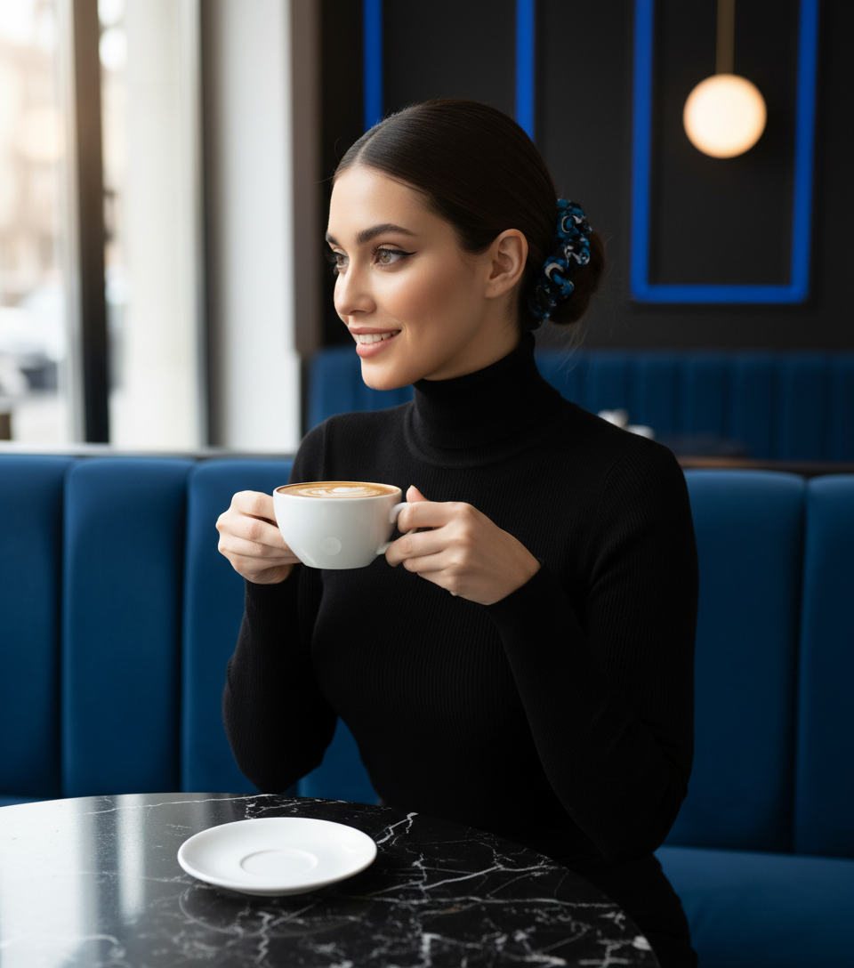 Scrunchie Schwarz / Blau / Weiß gemustert Satin