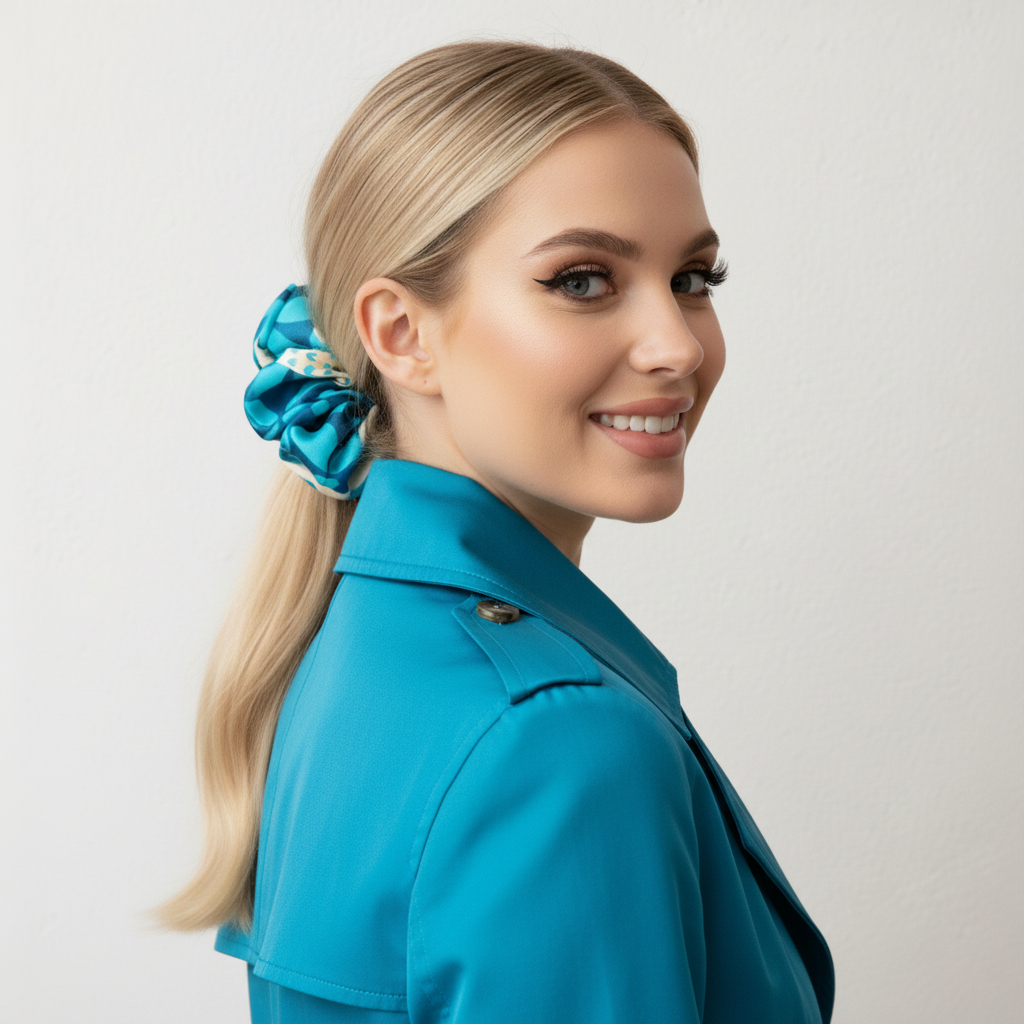 Scrunchie Türkies / Elfenbein gemustert Satin