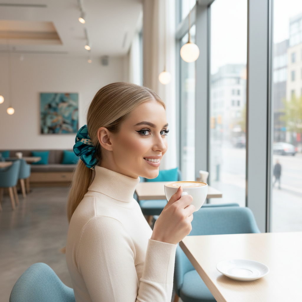 Scrunchie Türkies / Elfenbein gemustert Satin