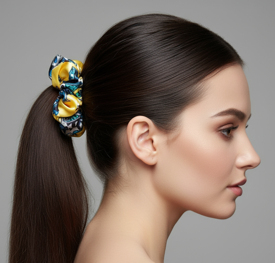 Scrunchie Gelb / Grünblau / Blau gemustert Satin