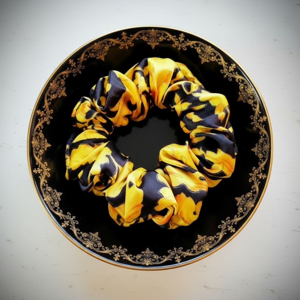 Scrunchie Schwarz / Gold-Gelb gemustert Satin