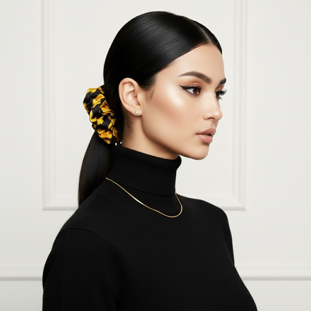 Scrunchie Schwarz / Gold-Gelb gemustert Satin