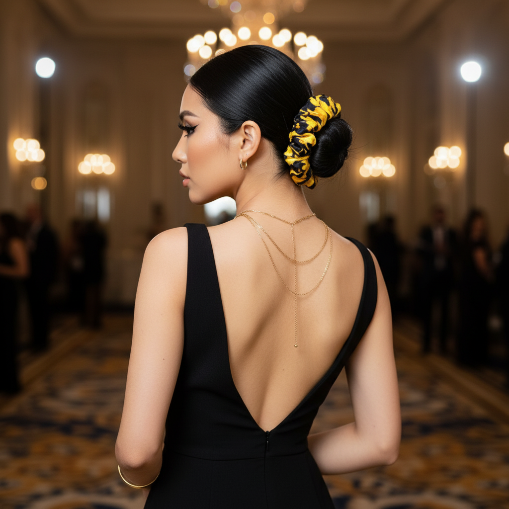 Scrunchie Schwarz / Gold-Gelb gemustert Satin