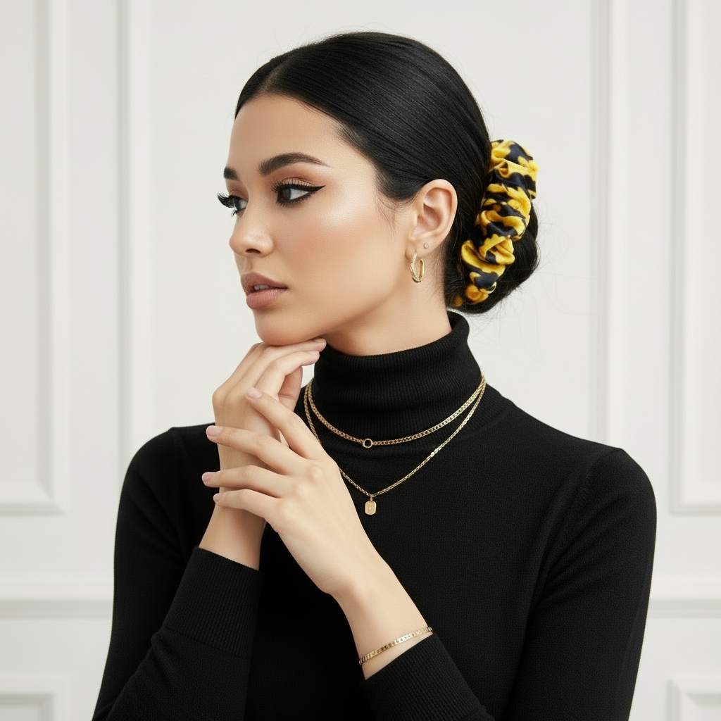 Scrunchie Schwarz / Gold-Gelb gemustert Satin