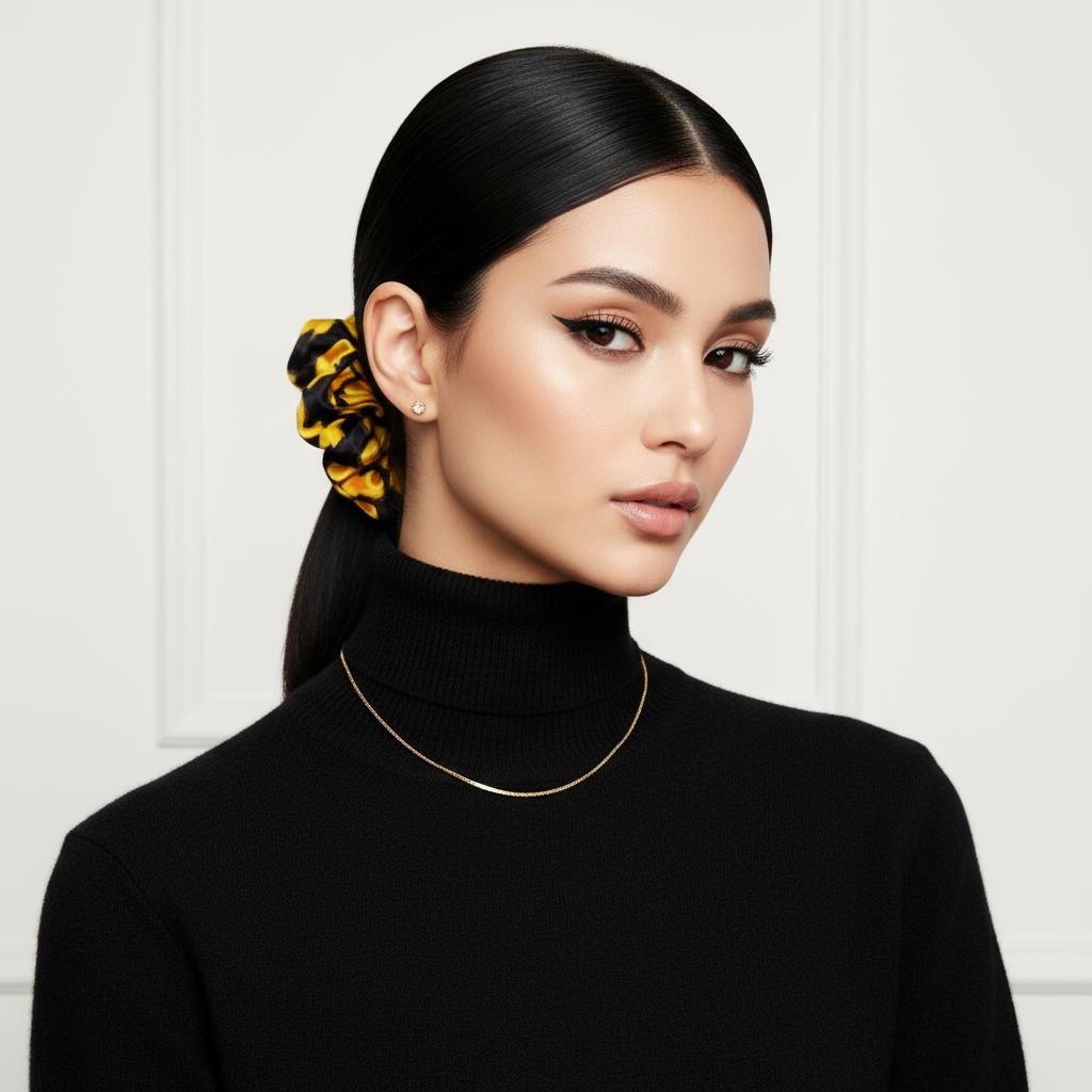 Scrunchie Schwarz / Gold-Gelb gemustert Satin