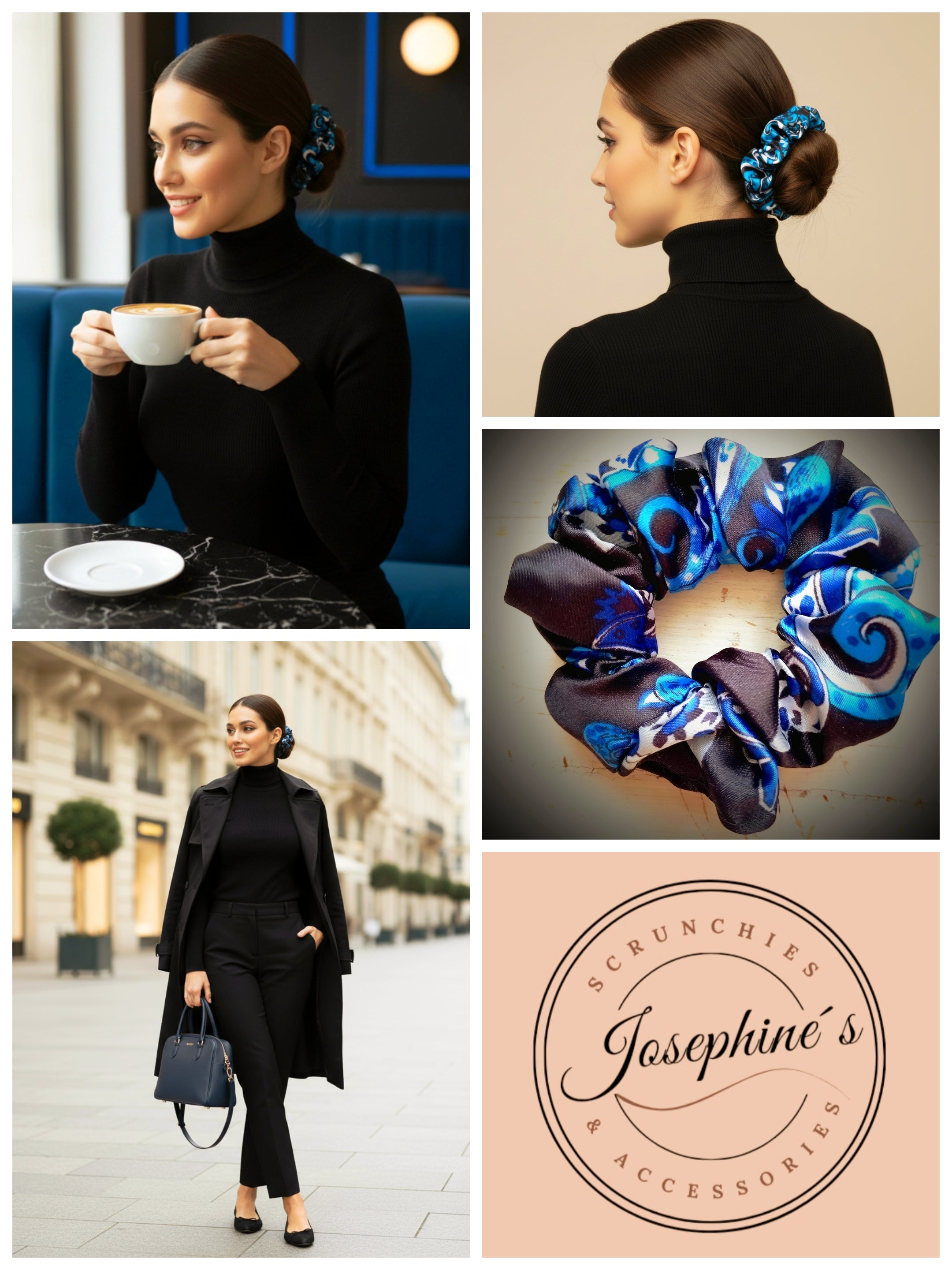 Scrunchie Schwarz / Blau / Weiß gemustert Satin