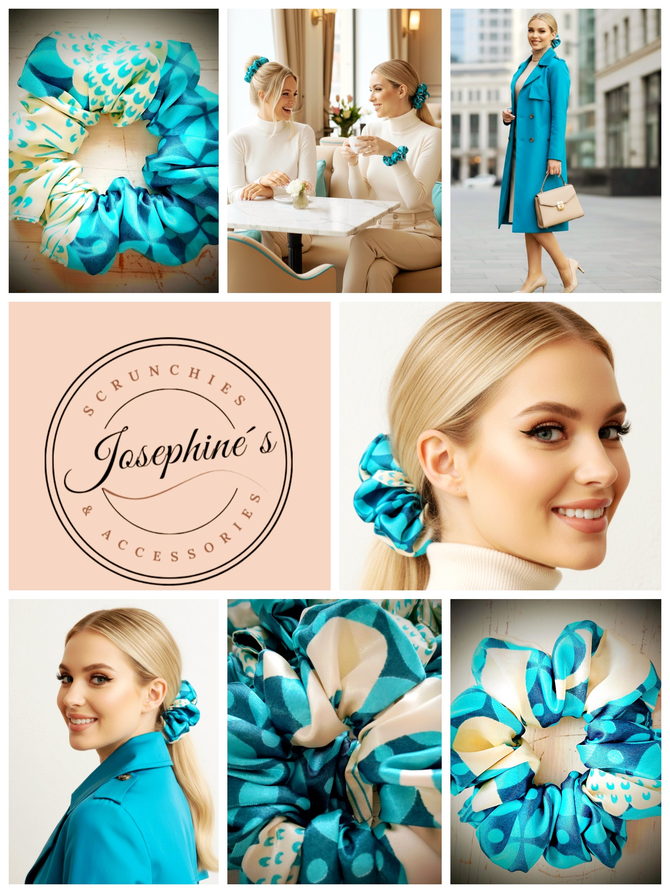 Scrunchie Türkies / Elfenbein gemustert Satin