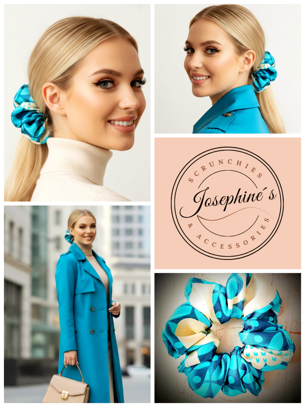 Scrunchie Türkies / Elfenbein gemustert Satin