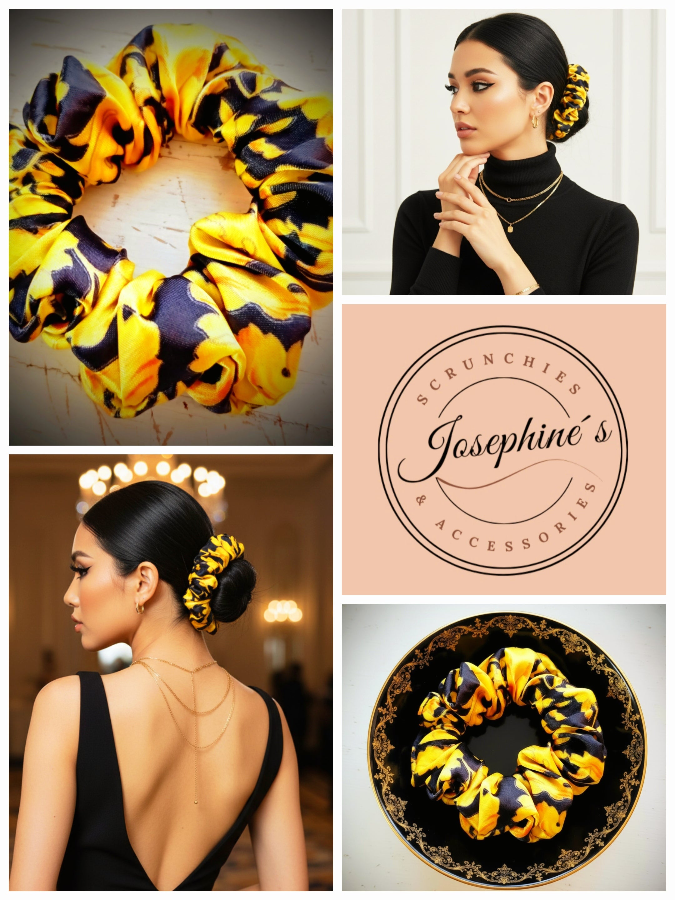 Scrunchie Schwarz / Gold-Gelb gemustert Satin