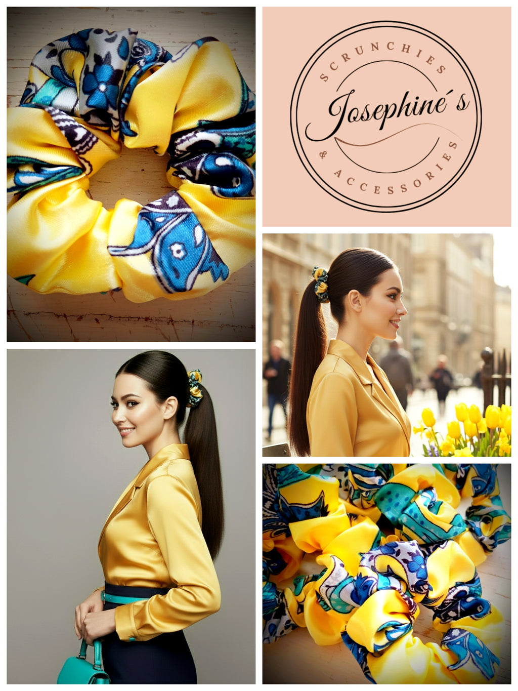 Scrunchie Gelb / Grünblau / Blau gemustert Satin