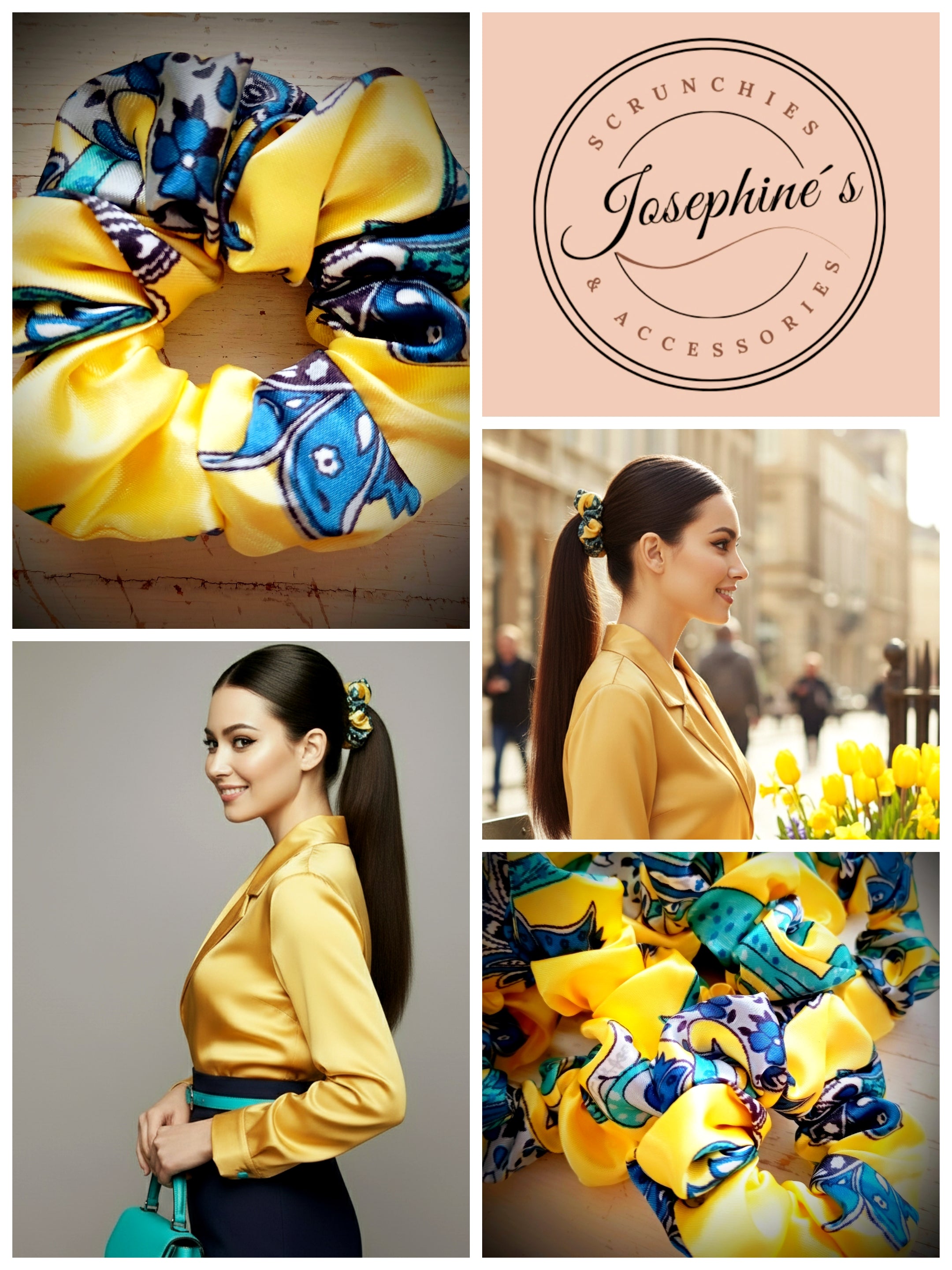 Scrunchie Gelb / Grünblau / Blau gemustert Satin