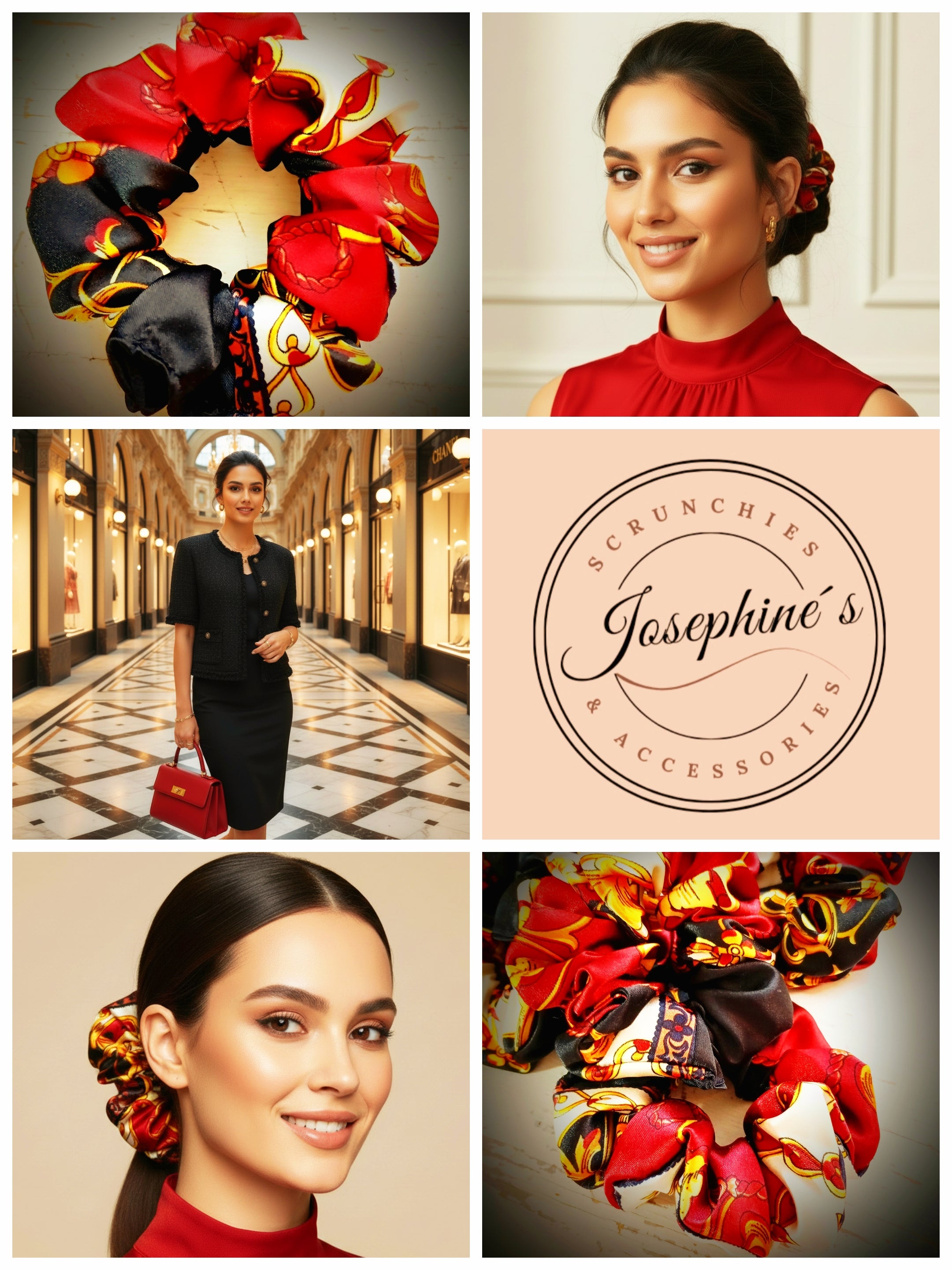 Scrunchie Rot/ Schwarz / Beige / Gold Satin