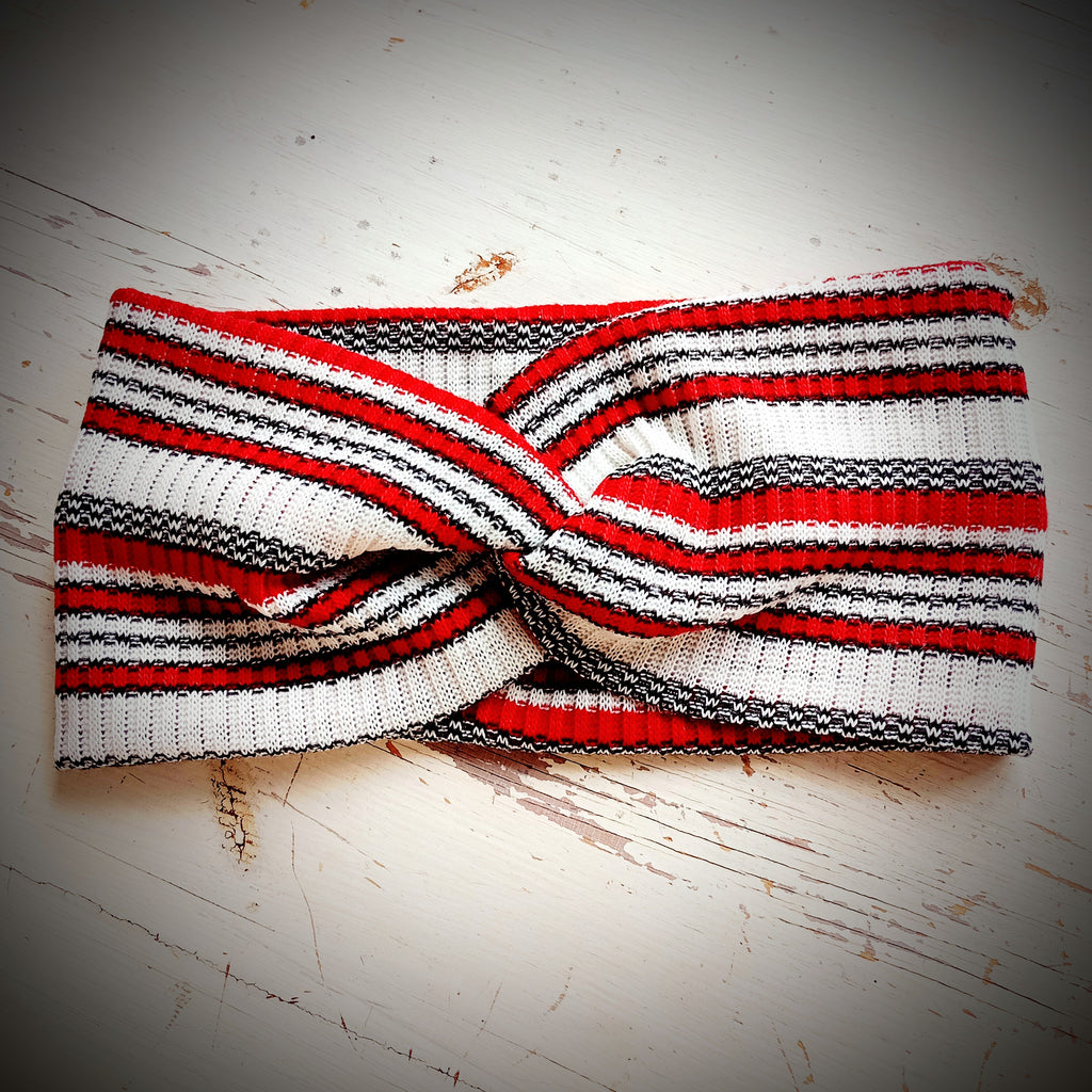 Stirnband Rot / Weiss / Schwarz gestreift Strick