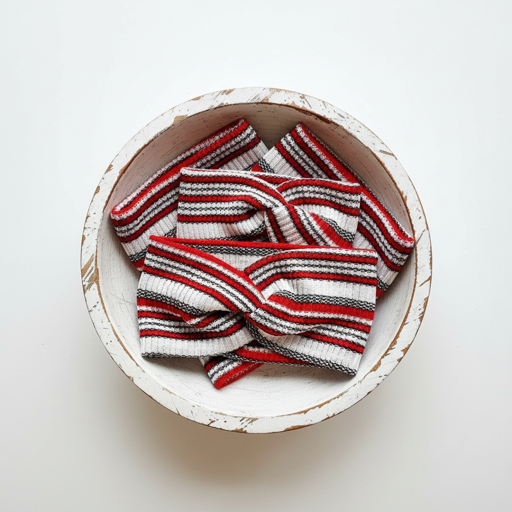 Stirnband Rot / Weiss / Schwarz gestreift Strick