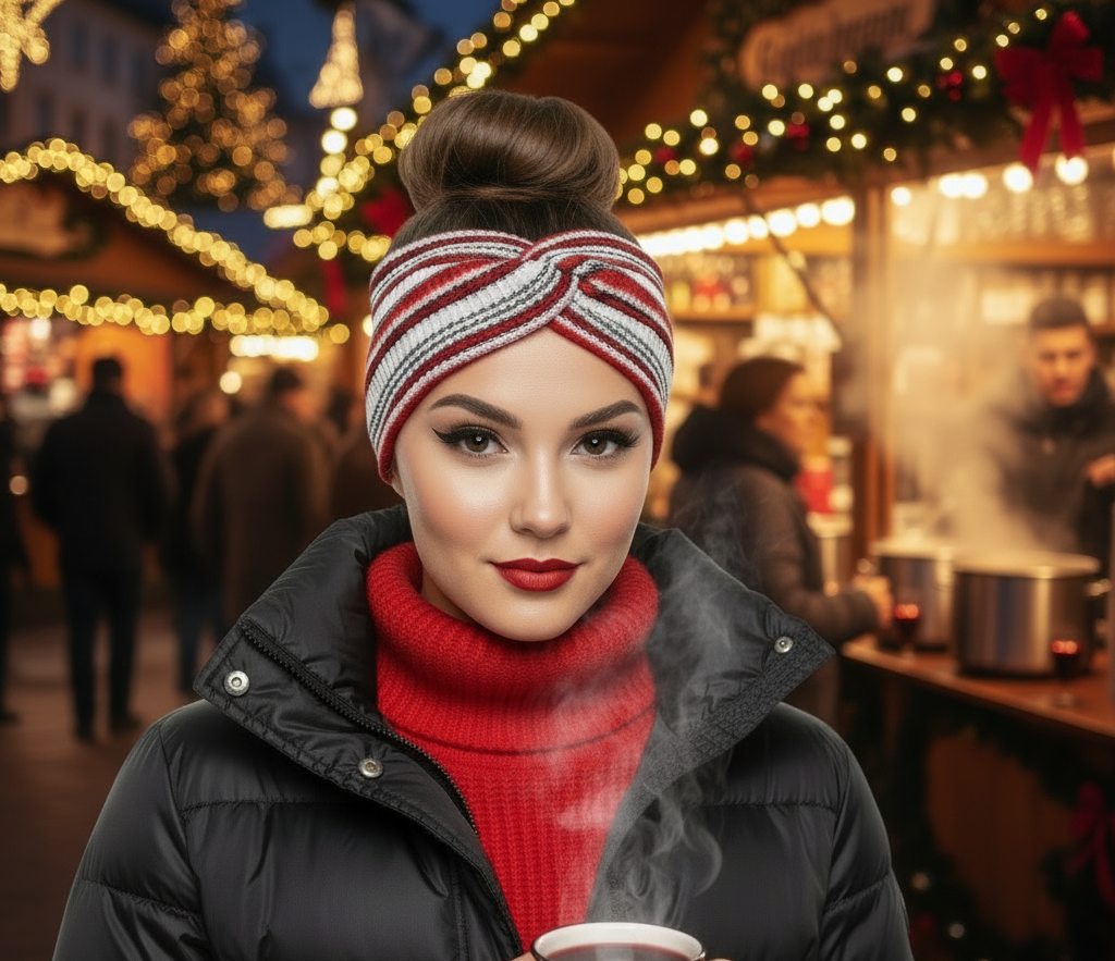 Stirnband Rot / Weiss / Schwarz gestreift Strick