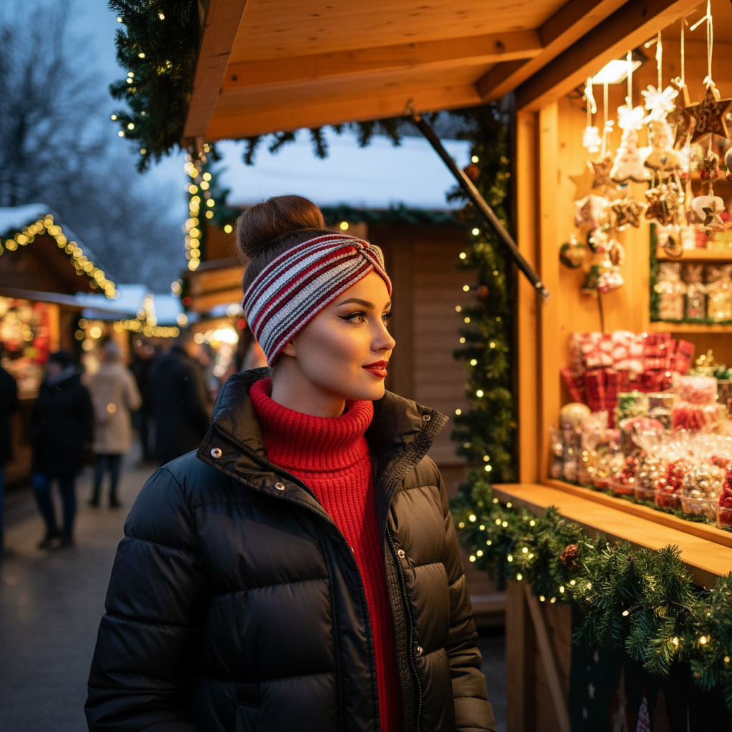 Stirnband Rot / Weiss / Schwarz gestreift Strick