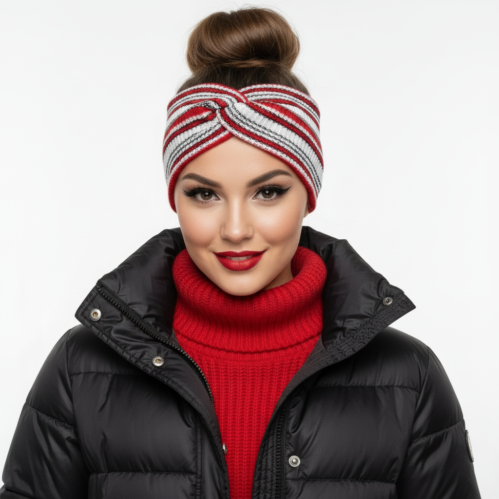 Stirnband Rot / Weiss / Schwarz gestreift Strick