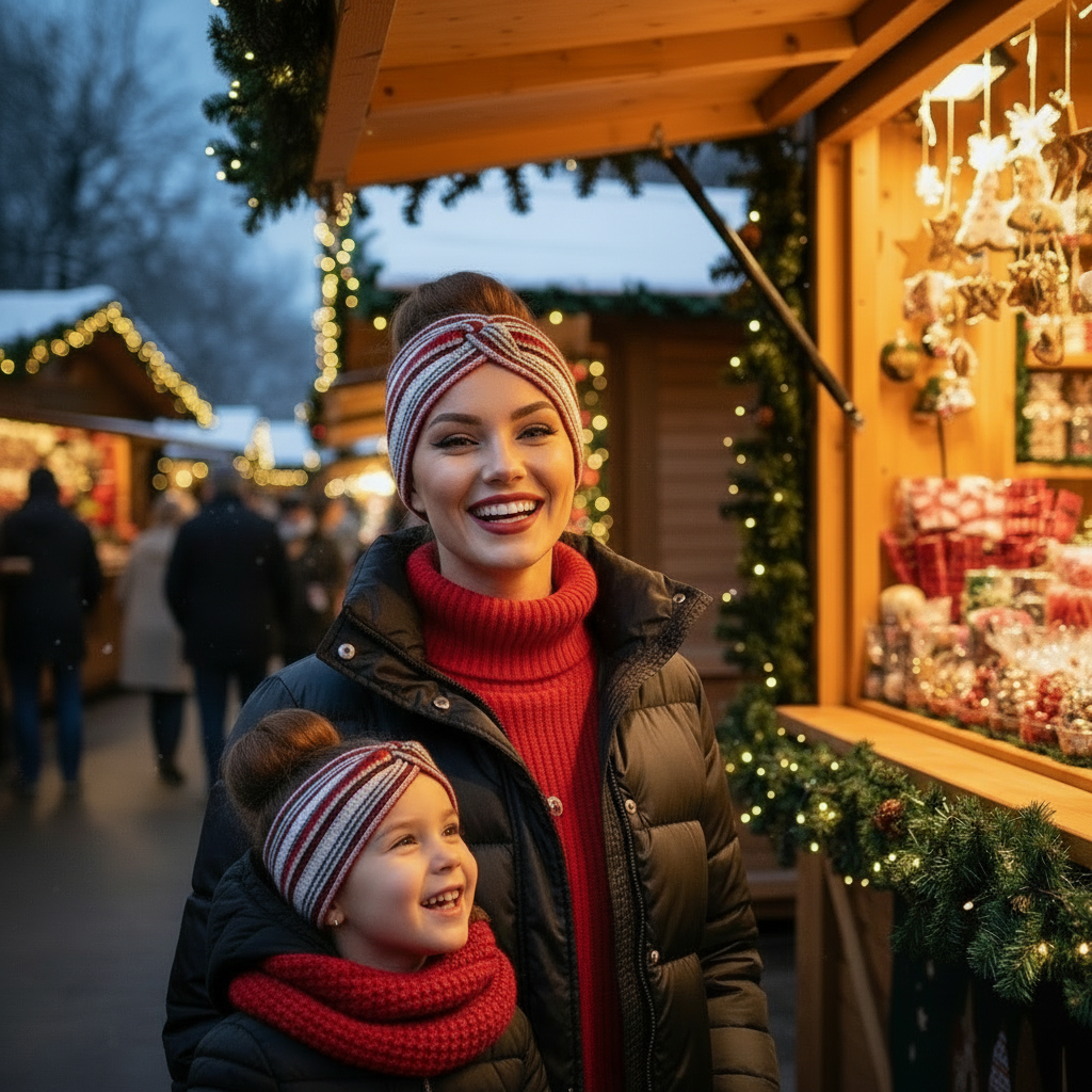 Stirnband Rot / Weiss / Schwarz gestreift Strick