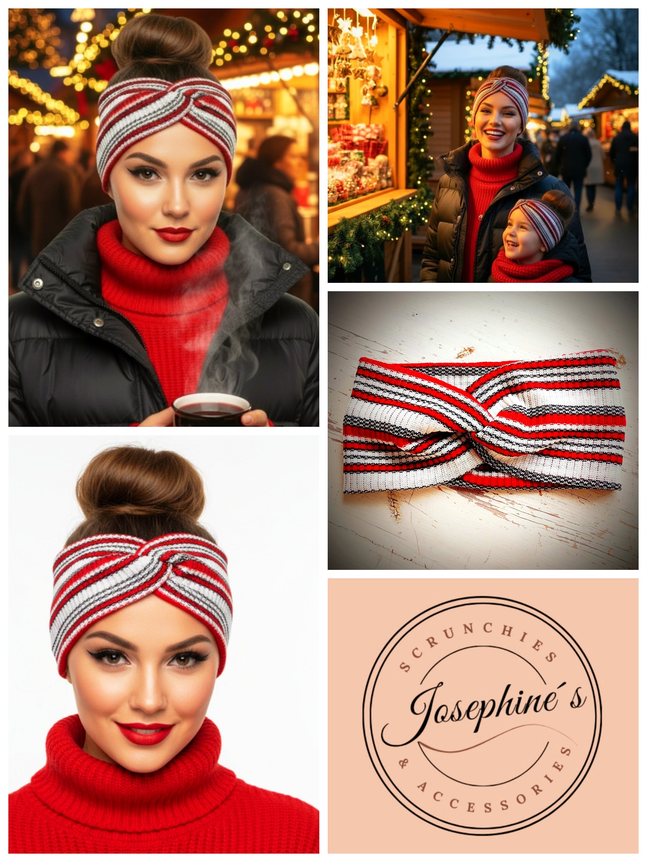 Stirnband Rot / Weiss / Schwarz gestreift Strick